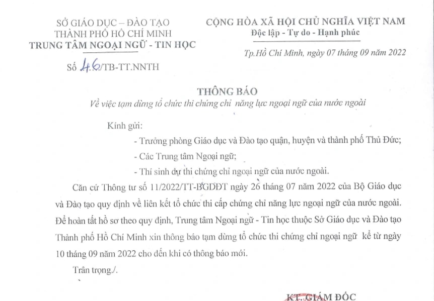 TPHCM tạm dừng thi tất cả chứng chỉ ngoại ngữ của nước ngoài - 1 TPHCM tạm dừng thi tất cả chứng chỉ ngoại ngữ của nước ngoài - 1