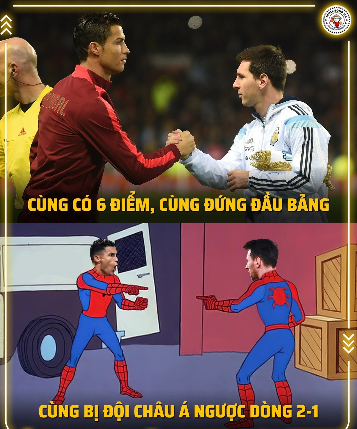 Hai huyền thoại bóng đá Messi và Ronaldo đều có chung một kịch bản tại World Cup 2022 (Ảnh: Troll bóng đá).