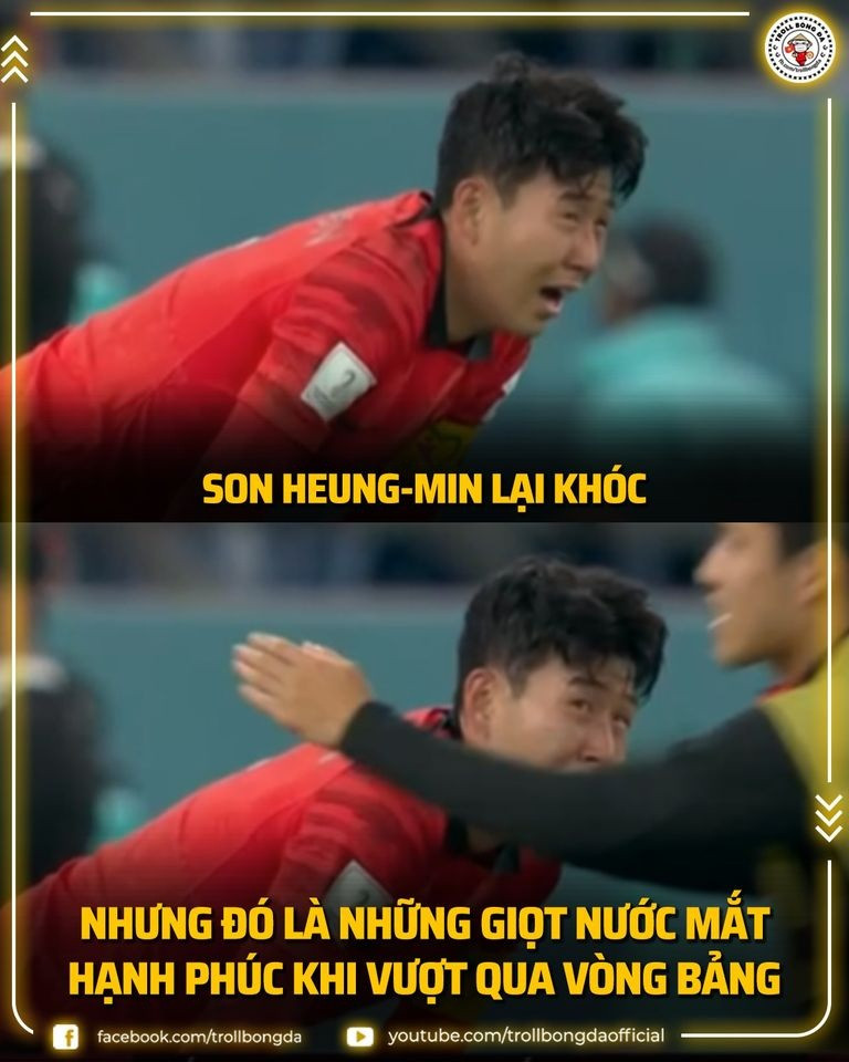Giống như 4 năm trước tại World Cup 2018, tiền đạo Son Heung Min lại rơi nước mắt, nhưng lần này là những giọt nước mắt của hạnh phúc khi Hàn Quốc lọt qua khe cửa hẹp để tiến vào vòng 16 đội (Ảnh: Troll bóng đá).