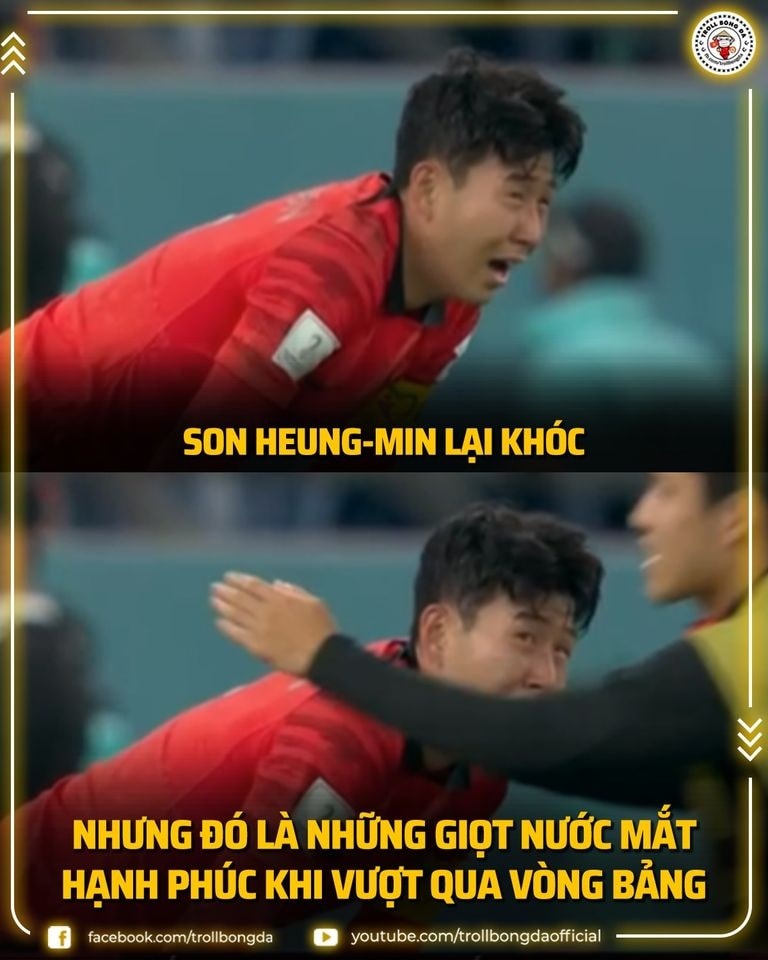 Giống như 4 năm trước tại World Cup 2018, tiền đạo Son Heung Min lại rơi nước mắt, nhưng lần này là những giọt nước mắt của hạnh phúc khi Hàn Quốc lọt qua khe cửa hẹp để tiến vào vòng 16 đội (Ảnh: Troll bóng đá).