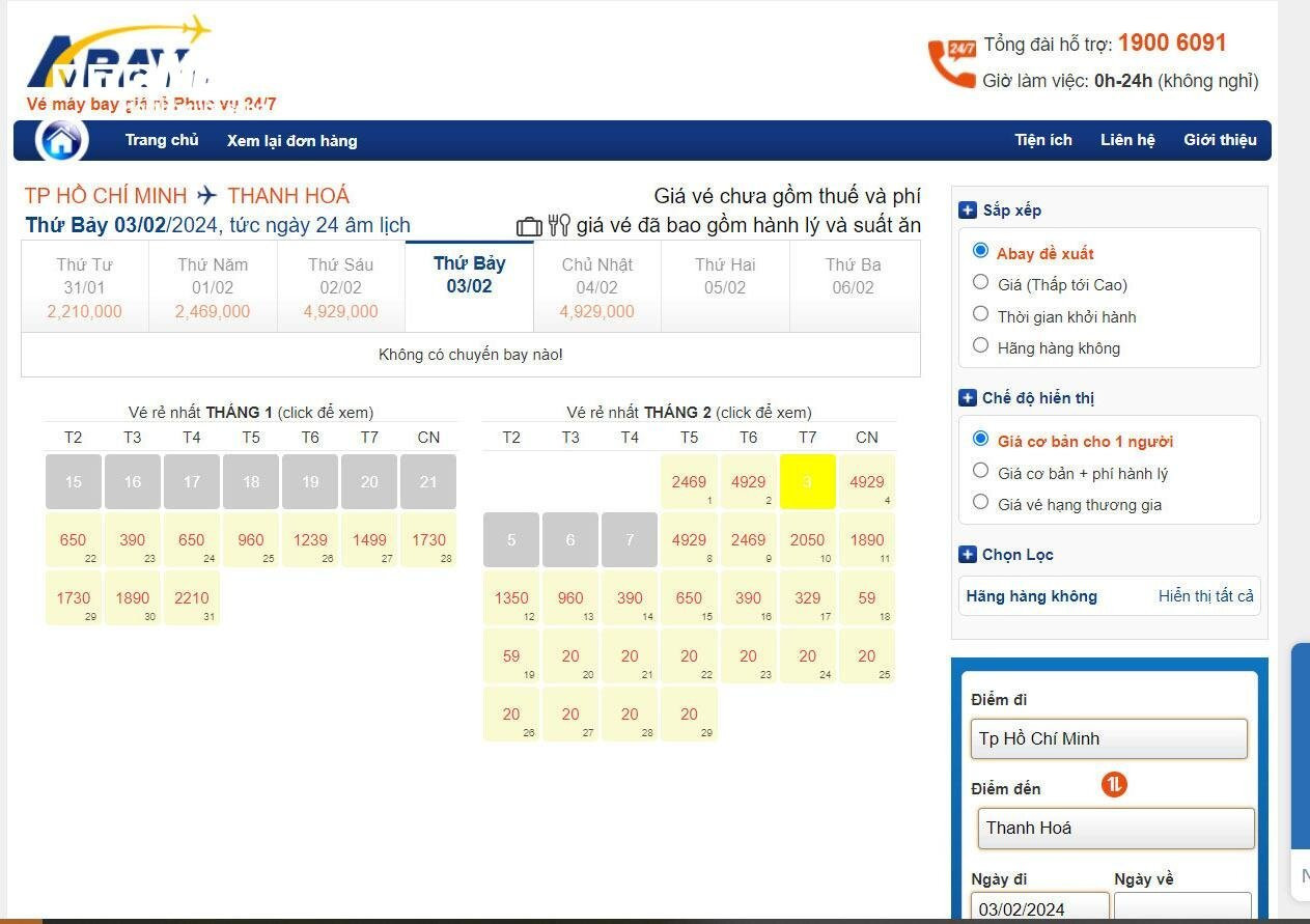 Chặng bay TP.HCM Thanh Hoá đã hết vé dù các hãng vừa tăng chuyến ngày 20/1. (Ảnh chụp màn hình ngày 22/1).