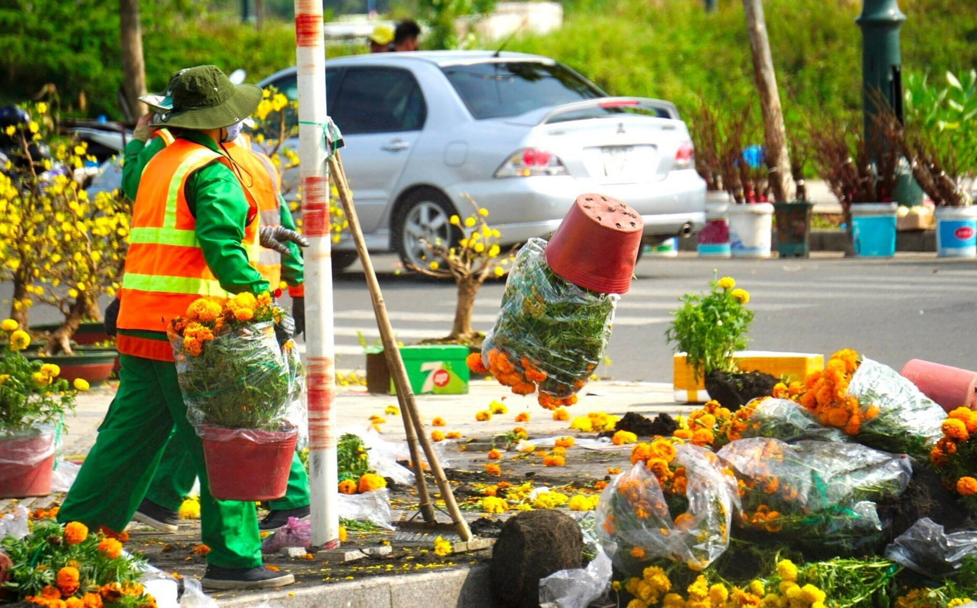 Thương nhân đập bỏ hoa ngày 30 Tết, công nhân vệ sinh vất vả thu dọn. (Ảnh minh họa)