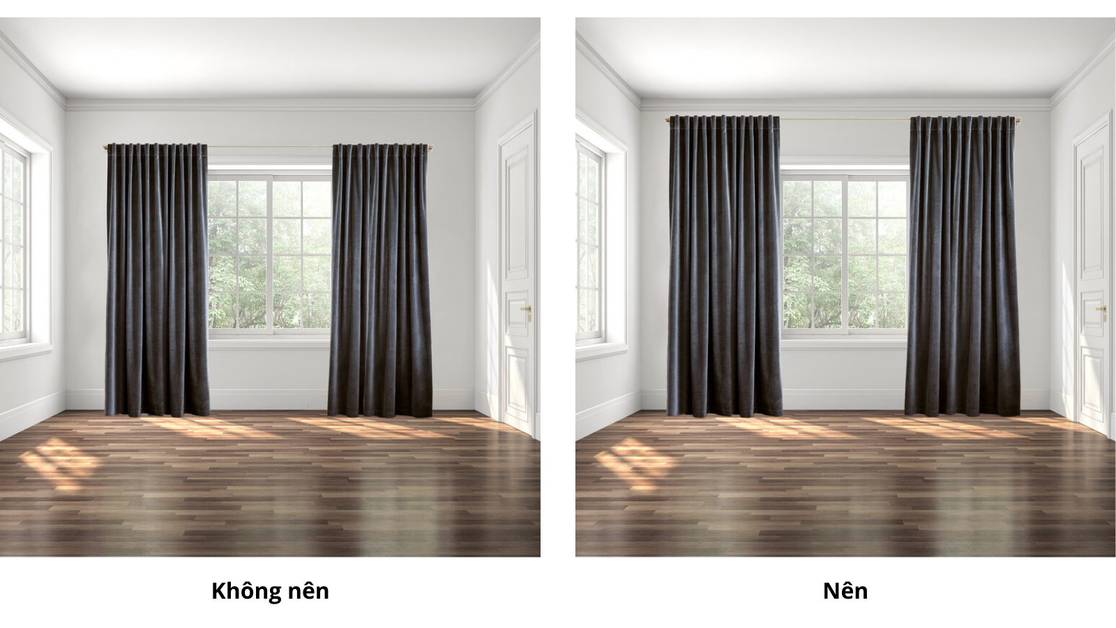 Thanh treo rèm cách xa phần khung cửa sổ sẽ giúp tăng độ cao của trần nhà.