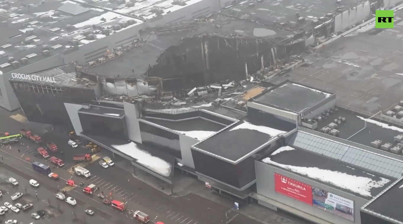 Trung tâm hòa nhạc Crocus bị phá hủy hoàn toàn sau đám cháy do các phần tử khủng bố gây ra. (Ảnh: RT)