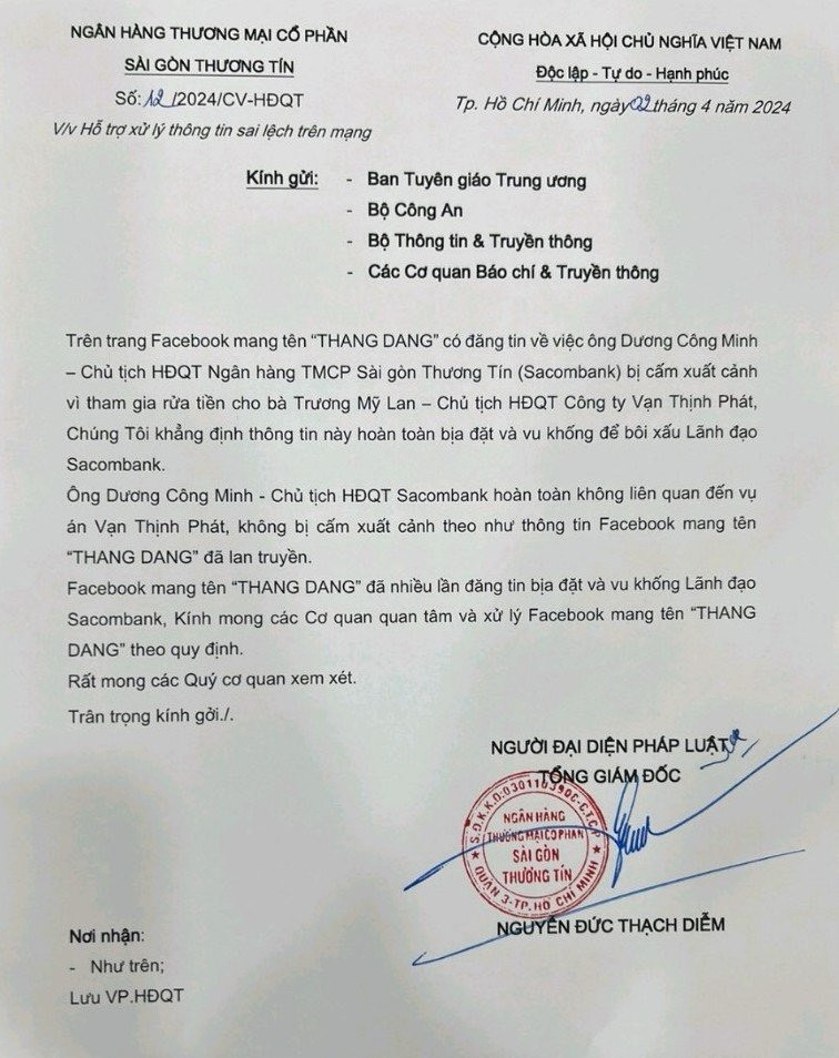 Sacombank bác bỏ thông tin ông Dương Công Minh bị cấm xuất cảnh - 1