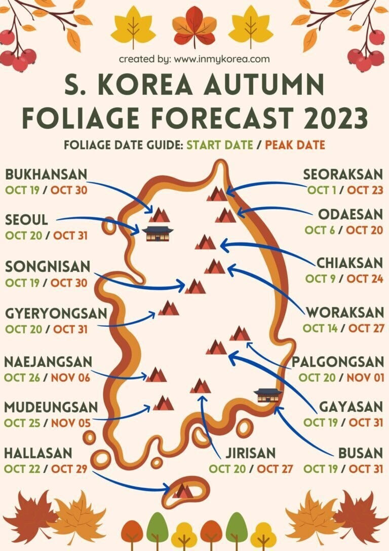 Bản đồ lá vàng mùa thu ở Hàn Quốc năm 2023. (Ảnh: Kelly Today)