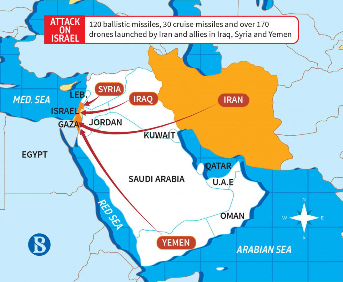 Ảnh minh họa đường tấn công của tên lửa và UAV do Iran và Houthi phóng đến Israel hôm 13.4. (Ảnh: Business Standard)