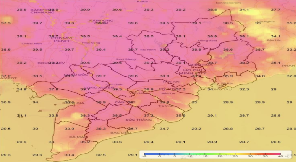 Bản đồ dự báo nhiệt độ cao nhất khu vực Nam Bộ lúc 15h ngày 28/4.