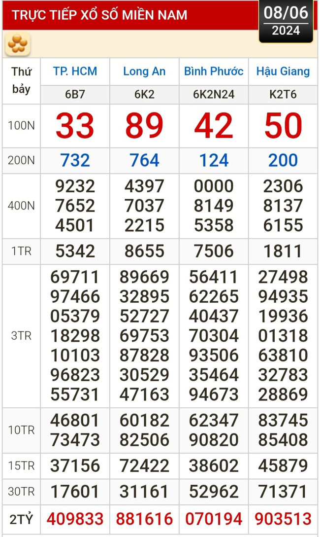 Kết quả xổ số hôm nay (8-6): TP HCM, Long An, Bình Phước, Hậu Giang, Đà Nẵng...- Ảnh 1.