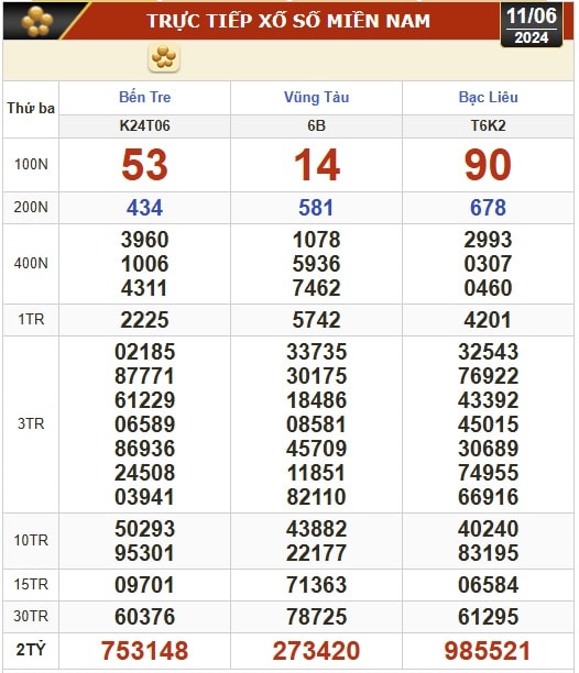 Kết quả xổ số hôm nay (11-6): Bến Tre, Vũng Tàu, Bạc Liêu, Đắk Lắk, Quảng Nam...- Ảnh 1.