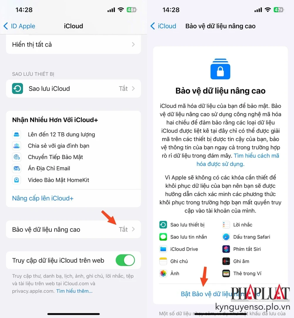 Bật tính năng Advanced Data Protection (bảo vệ dữ liệu nâng cao) để hạn chế rò rỉ dữ liệu trên iPhone. Ảnh: MINH HOÀNG Bật tính năng Advanced Data Protection (bảo vệ dữ liệu nâng cao) để hạn chế rò rỉ dữ liệu trên iPhone. Ảnh: MINH HOÀNG