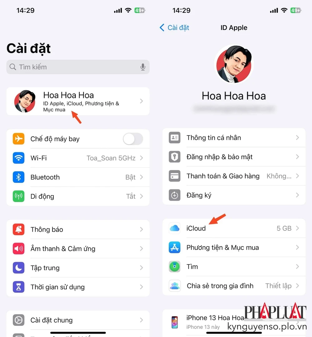 Truy cập vào phần cài đặt tài khoản iCloud trên iPhone. Ảnh: MINH HOÀNG Truy cập vào phần cài đặt tài khoản iCloud trên iPhone. Ảnh: MINH HOÀNG