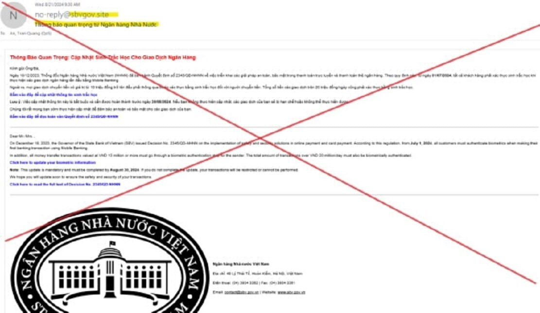 Email giả mạo để lừa đảo. (Ảnh: NHNN)