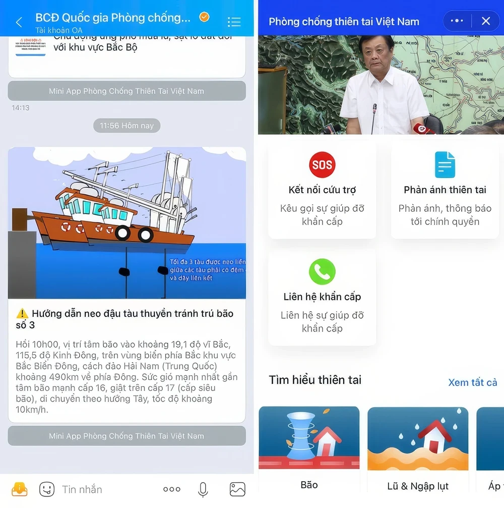Thông báo hướng dẫn neo đậu thuyền tránh bão số 3 được gửi qua Zalo.