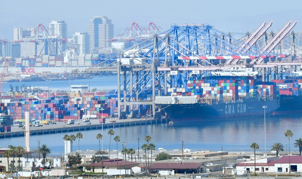 Hoạt động tại cảng hàng hóa Long Beach ở California, Mỹ. (Ảnh: AFP/TTXVN)