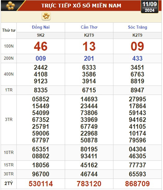 Kết quả xổ số hôm nay, 11-9: Đồng Nai, Cần Thơ, Sóc Trăng, Đà Nẵng, Khánh Hòa...- Ảnh 1.