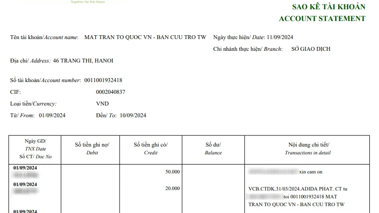 MTTQ Việt Nam công khai thống kê số tiền ủng hộ qua số tài khoản Vietcombank 0011001932418