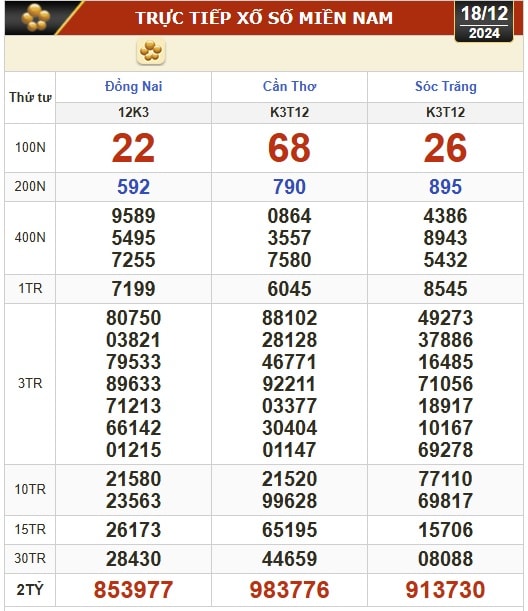 Kết quả xổ số hôm nay, 18-12: Đồng Nai, Cần Thơ, Sóc Trăng, Đà Nẵng, Khánh Hòa...- Ảnh 1.