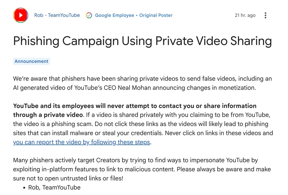 YouTube cảnh báo về trò lừa đảo mới. Ảnh chụp màn hình YouTube cảnh báo về trò lừa đảo mới. Ảnh chụp màn hình