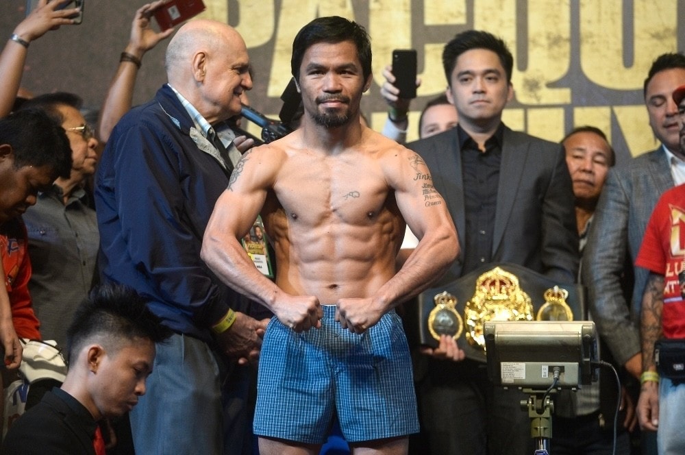 Huyền thoại quyền Anh Pacquiao trước trận đấu năm 2018. Ảnh: MUKHZIZ HAZIM huyền thoại quyền Anh