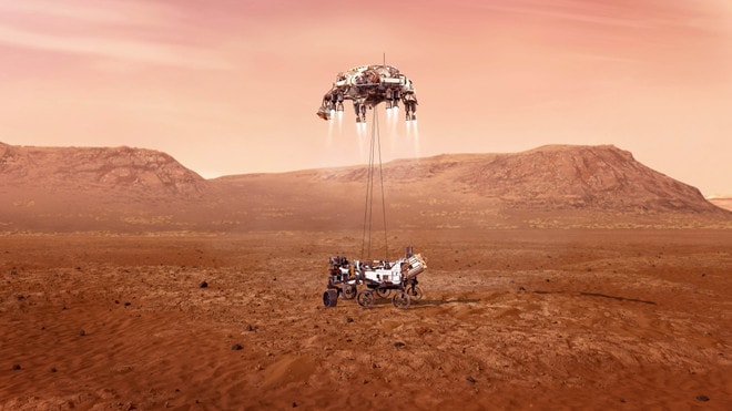 Tàu thám hiểm Perseverance của NASA hạ cánh xuống sao Hỏa. (Ảnh: THX/TTXVN) sao-hoa-nasa.jpg