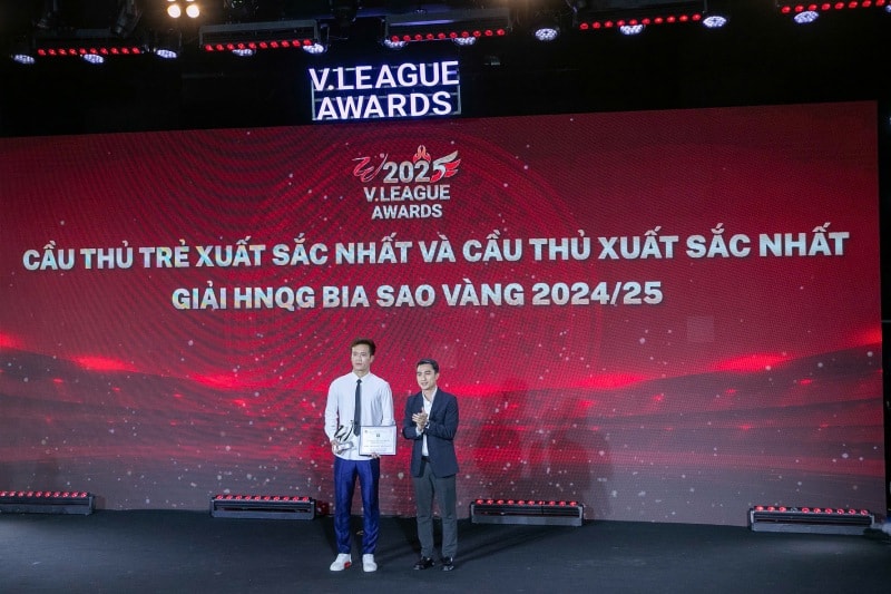 Tiền vệ Hoàng Đức là Cầu thủ xuất sắc nhất giải hạng Nhất Quốc gia. Ảnh: Minh Dân