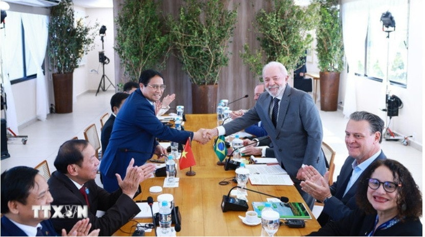 Thủ tướng Phạm Minh Chính hội đàm với Tổng thống Cộng hòa Liên bang Brazil Lula da Silva. Ảnh: TTXVN 0607A.jpg
