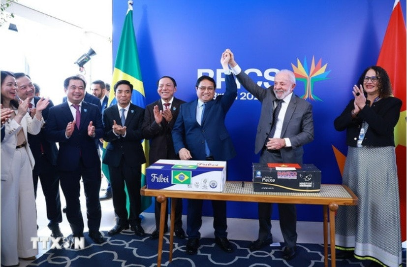 Thủ tướng Phạm Minh Chính và Tổng thống Cộng hòa Liên bang Brazil Lula da Silva tại lễ ký xuất khẩu hàng thương mại hai chiều giữa Việt Nam và Brazil. Ảnh: TTXVN 0607B.jpg