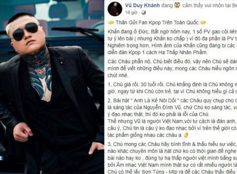Công khai đối đầu fan Kpop: Vũ Duy Khánh gây phẫn nộ khi xưng hô chú cháu và dạy bảo fan Kpop đừng hâm mộ mù quáng