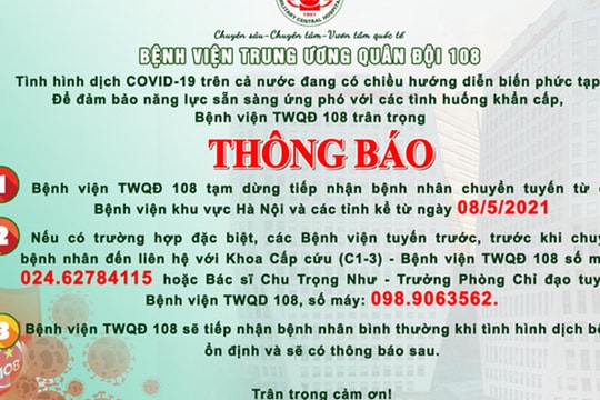 Bệnh viện Quân đội 108 tạm dừng tiếp nhận bệnh nhân