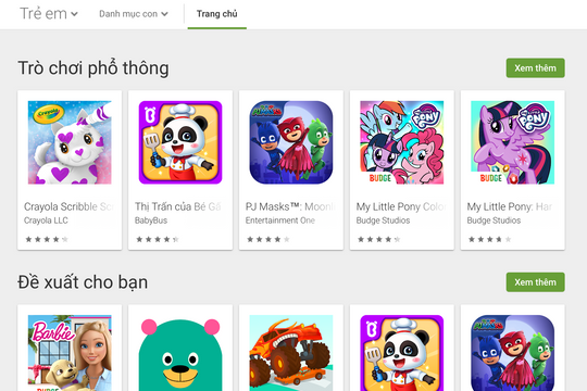 Google Play đã có thẻ ứng dụng dành cho riêng cho trẻ em