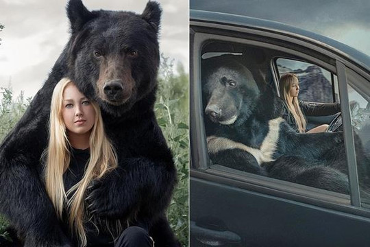 Hot girl lái xe chở thú cưng gấu khổng lồ dạo phố
