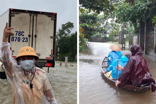 Ảnh: Mưa lớn ở Huế, nước ngập quốc lộ, dân chèo thuyền trên đường