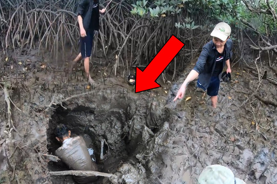 Chỉ từ 1 lỗ nhỏ trên bùn, nhóm người đào hố sâu 3m để bắt 'rồng nước' siêu to này