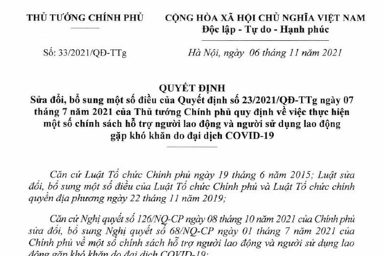 Sửa Quyết định 23/2021/QĐ-TTg về hỗ trợ Covid-19 cho NLĐ, NSDLĐ