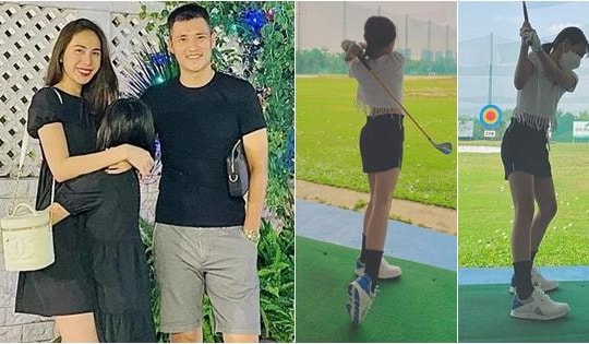 Con gái Thủy Tiên cao lớn ngỡ ngàng, được bố luyện chơi golf