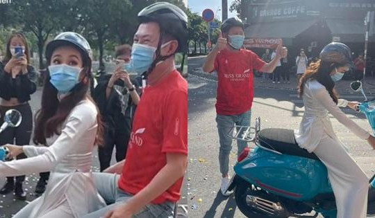 Thùy Tiên mặc áo dài, 'phi' xe máy vi vu cùng chủ tịch Miss Grand