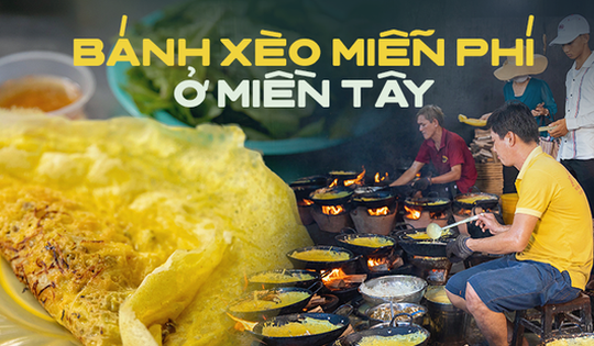 Bánh xèo chay 23 năm đãi khách miễn phí ở An Giang, số lượng bánh đổ 6.000 chiếc/ngày, người đổ bánh 'MÚA' với 10 chiếc chảo liên tục