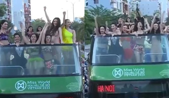 Thí sinh Miss World Vietnam 2022 mặc hở, uốn éo trên xe diễu hành
