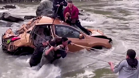 Xe mất lái lao xuống sông, người dân vật lộn với dòng nước chảy xiết để giải cứu