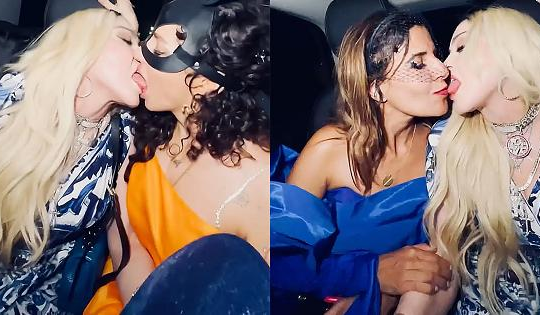 Madonna hôn kiểu Pháp với 2 người phụ nữ trong tiệc sinh nhật tuổi 64