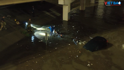 Người, xe bơi giữa dòng nước ngập tại Dallas, 1 người tử vong