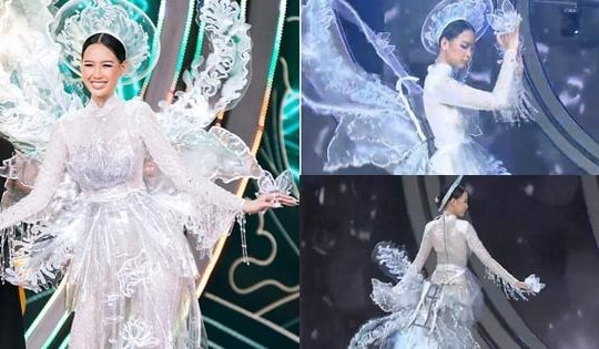 Á hậu Bảo Ngọc gặp sự cố diễn quốc phục, khán giả thót tim