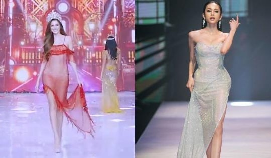 Miss Grand mặc đầm như vải màn, xách váy catwalk