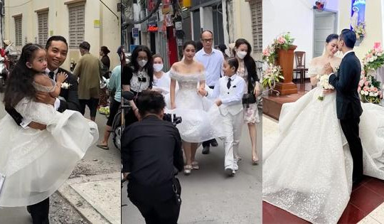 Khánh Thi - Phan Hiển cưới ở nhà thờ, 5 người nâng váy cô dâu