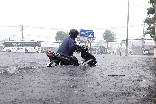 Đường phố Đà Nẵng thành sông sau mưa lớn, dân khổ sở đẩy xe giữa biển nước
