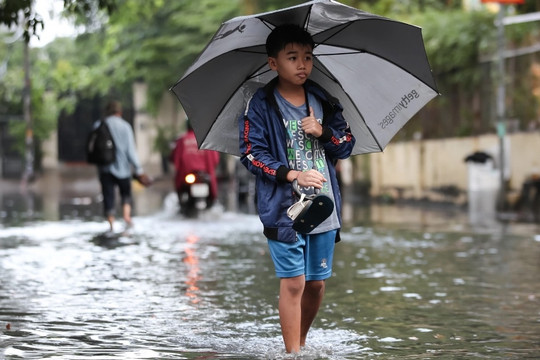 Người dân, du khách bì bõm lội nước sau cơn mưa lớn ở TPHCM