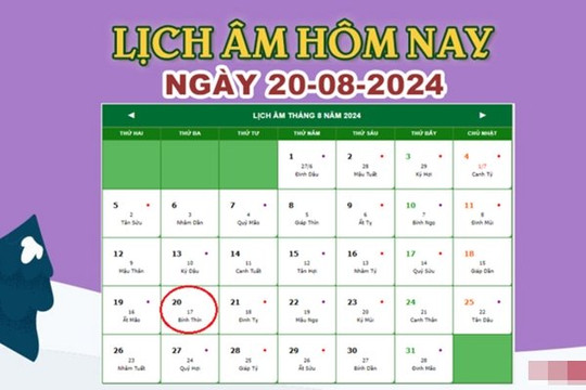 Lịch âm 20/8 - Âm lịch hôm nay 20/8 chính xác nhất - lịch vạn niên 20/8/2024