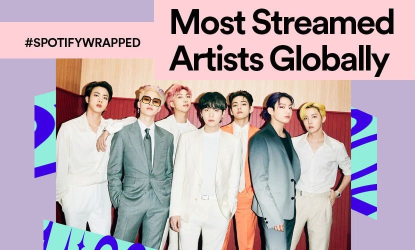 BTS là nghệ sĩ Kpop duy nhất được xướng tên trong BXH nghệ sĩ và bài hát được stream nhiều nhất toàn cầu Spotify năm 2021