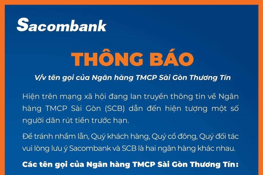 Sacombank lên tiếng vì bị nhầm với SCB: Sacombank và SCB là 2 ngân hàng khác nhau